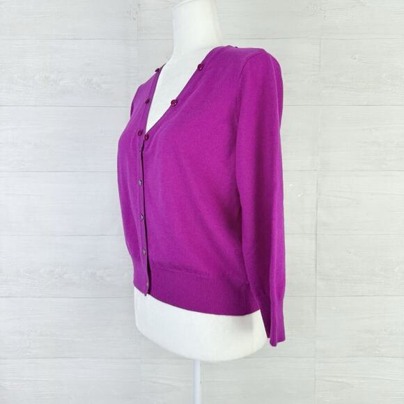 Milly Merino Wool Cardigan Sweater Women Medium Bright Pink Preppy V Neck Studs - Picture 3 of 12